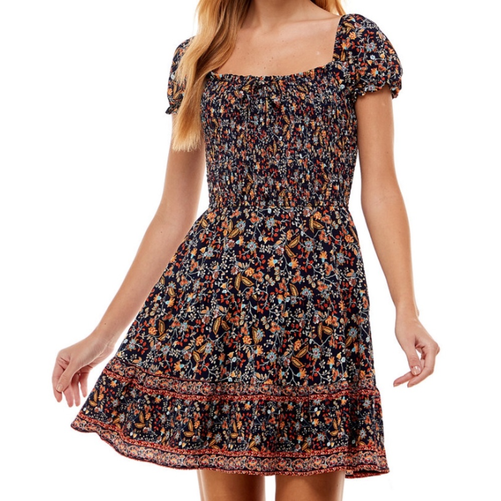 fall autumn smocked puff sleeve dress xs fit and flare city studio macys